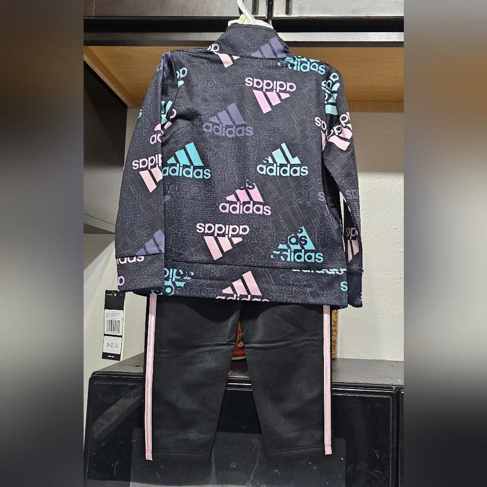 New Adidas Kids' Black Tracksuit with Pink and Blue Accents toddler girls 4T